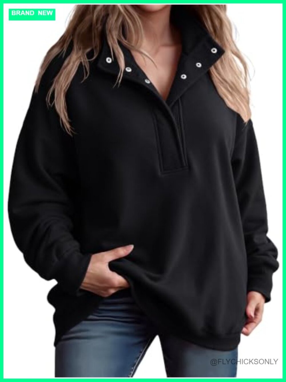 Plus Size Fleece Henley Neck Oversized Pullover Sweatshirt